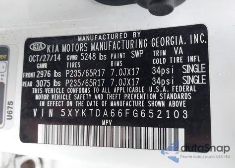 2015 Kia Sorento Lx from USA, damaged, VIN 5XYKTDA66FG652103